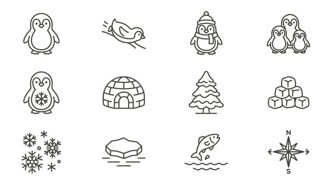 Minimal penguin and arctic nature line icons.