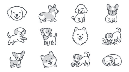Obraz premium Playful puppy breed outline illustration set