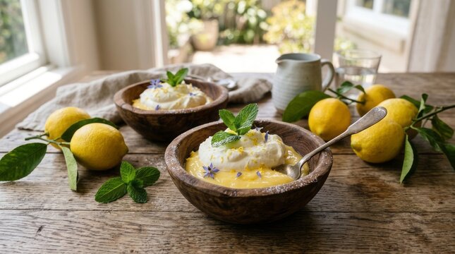 Fresh lemon curd dessert served in rustic ceramic bowls with mint garnish.