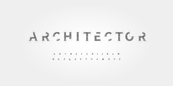 Architect Font Logo Alphabet Blueprint Letter Set Modern Typography, Creative Typographic Design for Architectural Title Text, Technical Project Headline and Logotype, Contour Fonts. Vector Typeface