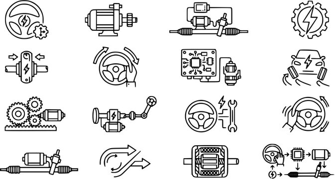 Automotive Electric Power Steering (EPS) System Icons. Modern Line Art Vector Collection Depicting Car Steering Technology, Components, and Electronic Control Units.