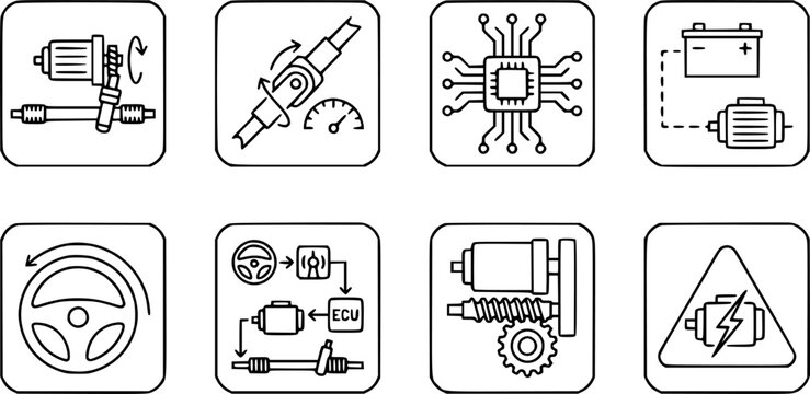 Automotive Electric Power Steering (EPS) and Vehicle Electronic Mechanical Components Outline Line Art Icons Set