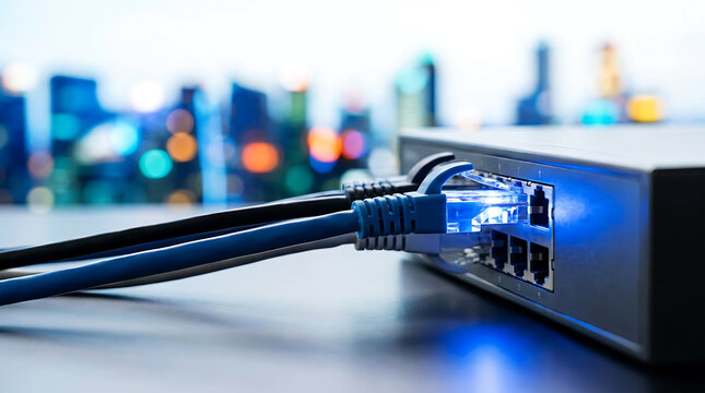 Blue ethernet cable plugged into switch port