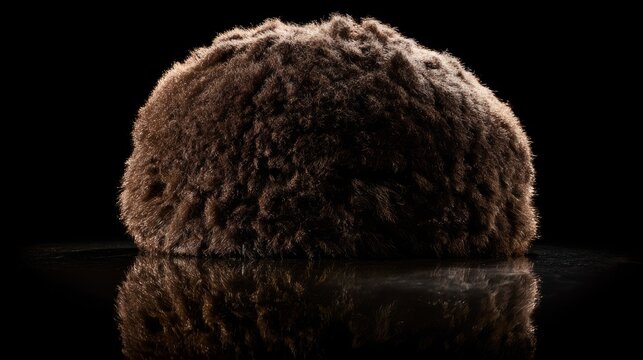 A Karakul fur hat resting on dark velvet, showcasing its texture.
