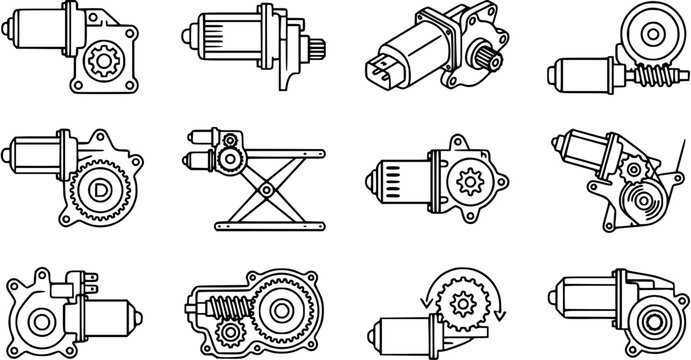 Black and White Line Art Icons of Automotive Window Motors and Regulators, Vector Set
