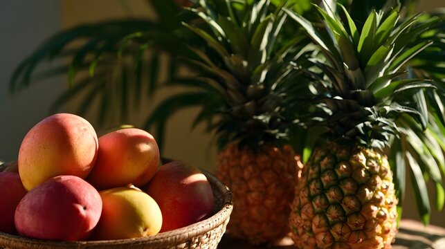 A stunning arrangement of ripe tropical fruits including mangoes and pine s bathed in warm afternoon sunlight
