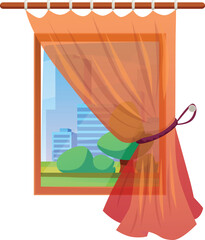 Window with orange transparent draperies tulle curtain on cornice tied on side of tassel, vector flat cityscape view © sabelskaya