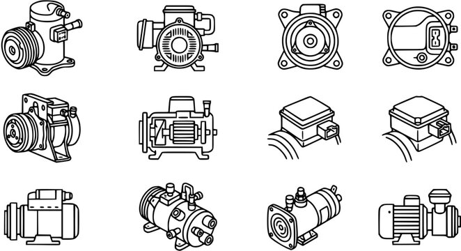 Industrial Mechanical Equipment Vector Line Art Icons: Collection of Pumps, Compressors, and Motors for Automotive, HVAC, and Water Systems