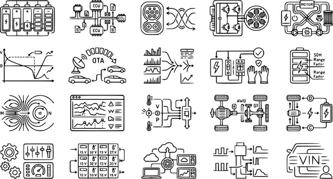 Automotive Electric Vehicle Technology Icons - Battery, Motor, ECU, OTA, Charging, Graph, VIN, AWD