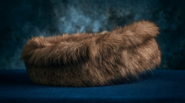 A Karakul fur hat resting on dark velvet, showcasing its texture.
