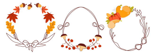 Autumn wreath frames with yellow leaves, acorn and pumpkin isolated on white background. Vector set of doodle ribbon border with bow, round fall decoration for themed poster, Thanksgiving design © klyaksun