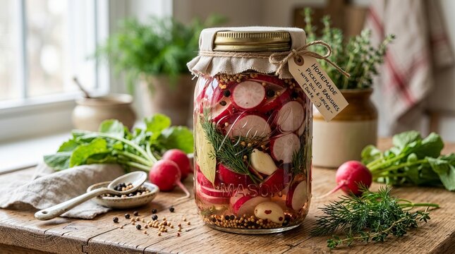 Homemade pickled vegetables in glass jar on rustic wooden table.