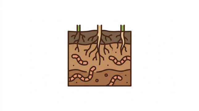 Illustration of soil layers with plant roots and earthworms.
