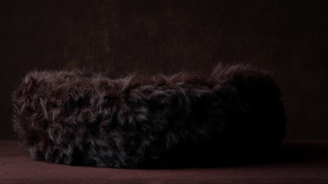 A Karakul fur hat resting on dark velvet, showcasing its texture.
