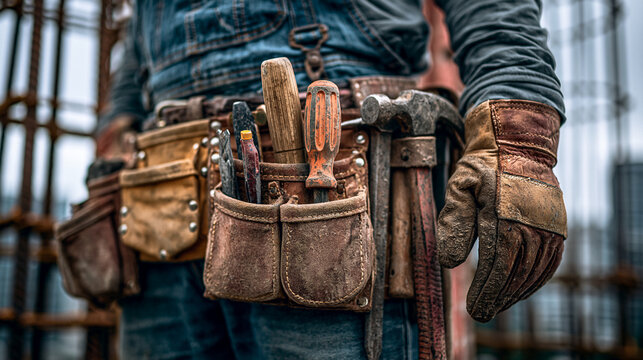 Close-up of a worker's dusty tool belt on a construction site with rebar.