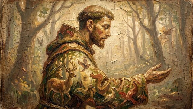 St. Francis of Assisi Forest and Birds The Canticle of the Woods Materic Oil Painting