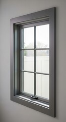 Fototapeta premium Modern gray framed window with divided glass panels installed in a clean white interior wall allowing natural daylight inside while showcasing minimalist residential architecture and contemporary home