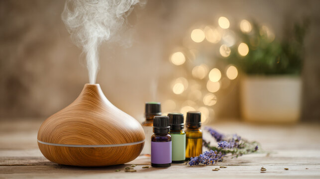 A wooden essential oil diffuser emits steam. Nearby are several small bottles of essential oils in various colors and a sprig of lavender. Soft bokeh lights are in the background.