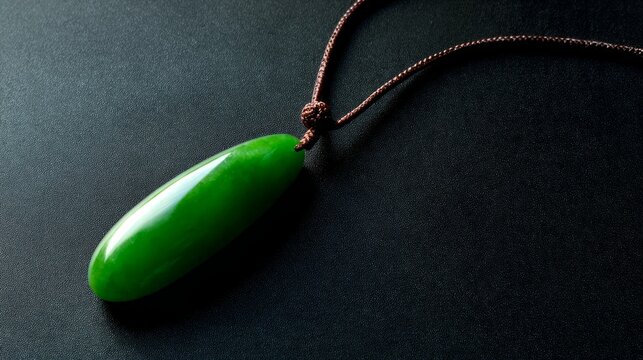 A slender green jade pendant shaped like a silique on a dark background.
