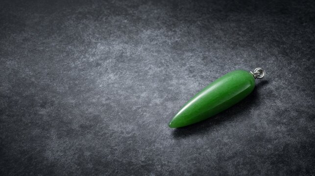 A slender green jade pendant shaped like a silique on a dark background.
