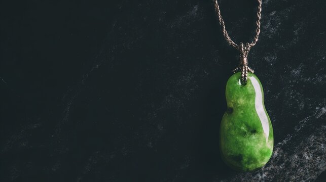 A slender green jade pendant shaped like a silique on a dark background.
