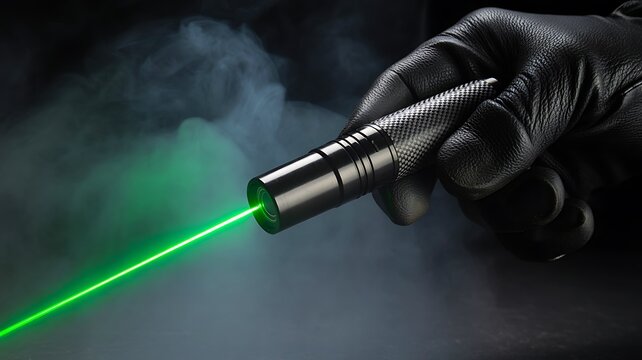 Hand holding green laser pointer with bright beam for precision technology demonstration