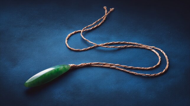 A slender green jade pendant shaped like a silique on a dark background.
