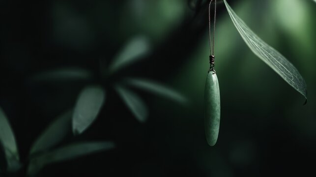 A slender green jade pendant shaped like a silique on a dark background.
