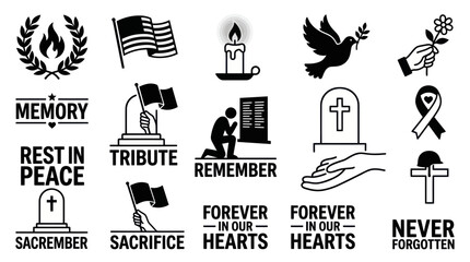 Obraz premium Memorial and funeral tribute icon collection for mourning