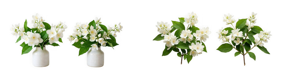 Set of jasmine flower bouquets in vases isolated on transparent background