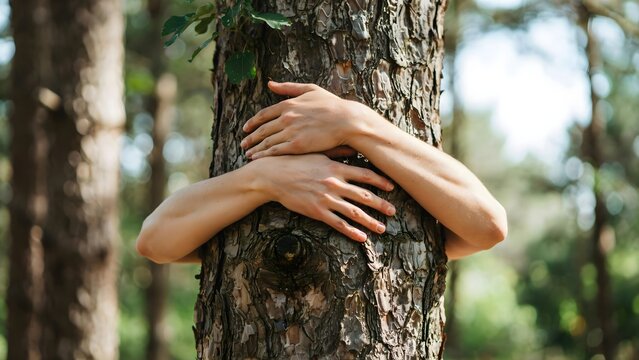 Close up view of human hands hugging a rough pine tree bark in a forest setting for nature connection and environmental awareness with environment connection protection sustainability conservation