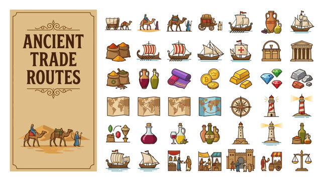 Collection of Ancient Trade Routes Icons Camel Caravans, Sailing Ships, Merchants, Goods, Maps, and Landmarks