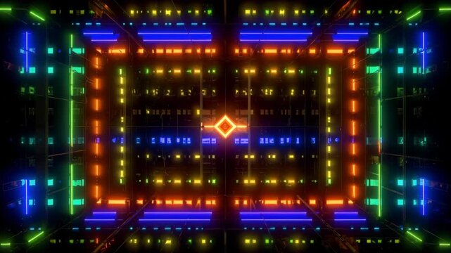 Digital grid tunnel creating a futuristic path forward glowing with multiple spectral bars Illuminating technology concept.