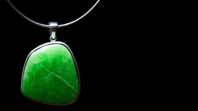 A slender green jade pendant shaped like a silique on a dark background.
