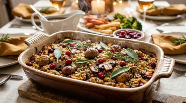 Savory holiday stuffing dish garnished with roasted chestnuts, sage, and cranberries, perfect for festive meals.
