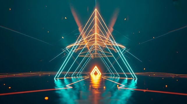 Glowing futuristic geometric pyramid with neon light and digital technology background