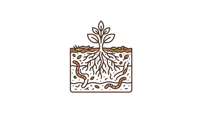 Plant roots and earthworms in soil cross section illustration.