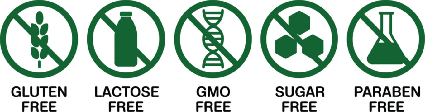 Dietary labels provide visual assurance for gluten, lactose, gmo, sugar, and paraben free goods.