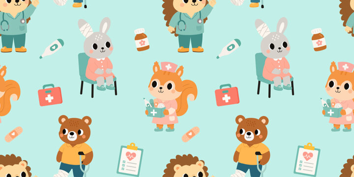 Animal hospital seamless pattern featuring hedgehog doctor squirrel nurse injured bear and rabbit patients on mint background for pediatric clinic wallpaper and scrubs fabric textile prints
