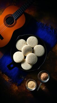 Arepas on cast-iron griddle beside cuatro guitar, tropical culinary and music scene.
