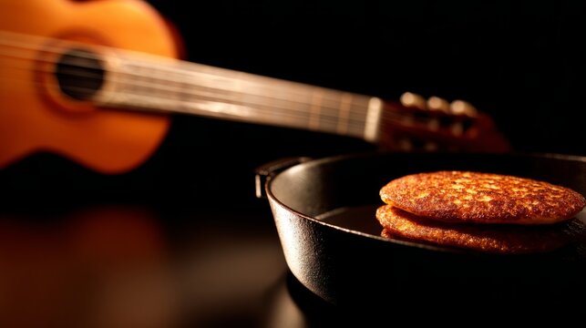 Arepas on cast-iron griddle beside cuatro guitar, tropical culinary and music scene.
