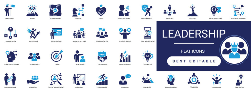 leadership solid icon set. leadership, management, teamwork, team, success, guidance, team building, business manager power. vector editable illustration