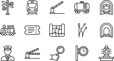 Railway transport and train travel line icon set featuring locomotive ticket barrier station clock map and conductor, © Shukimon