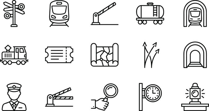 Railway transport and train travel line icon set featuring locomotive ticket barrier station clock map and conductor,