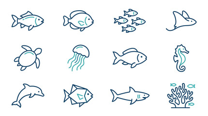 Blue marine life and coral reef line icons. © himatul