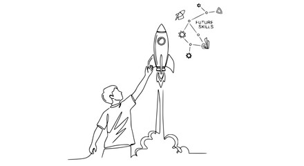 Child reaching for rocket launch, future skills constellation concept © Akun