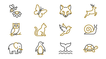 Fototapeta premium Diverse animal world icons in minimalist style.