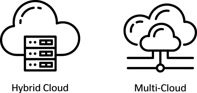 Hybrid cloud and multi cloud computing line icons set representing digital database storage network technology server infrastructure vector illustration
