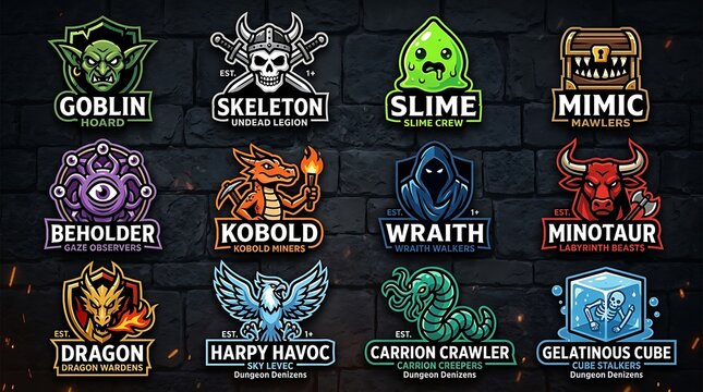 Fantasy creature logos with names on white background