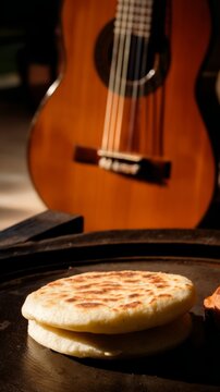 Arepas on cast-iron griddle beside cuatro guitar, tropical culinary and music scene.
